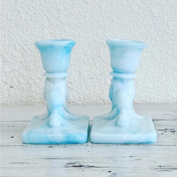 Two Vintage Akro Agate Blue Swirl Depression Glass Candlesticks Holders Art Deco